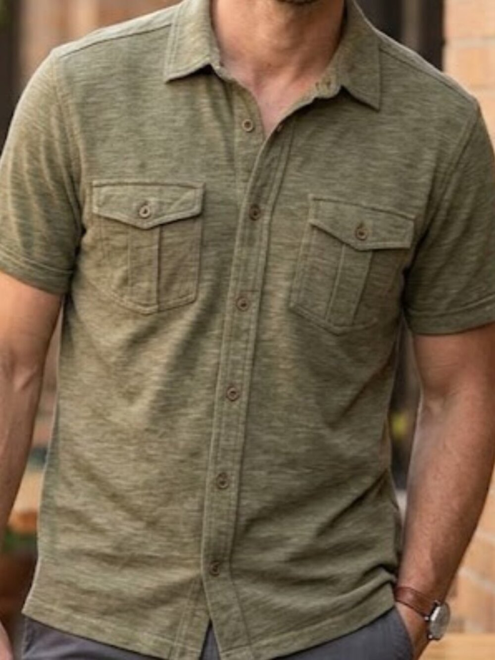 Prana Olive Green Organic Cotton Short Sleeve Knit Button Down Men's Size M